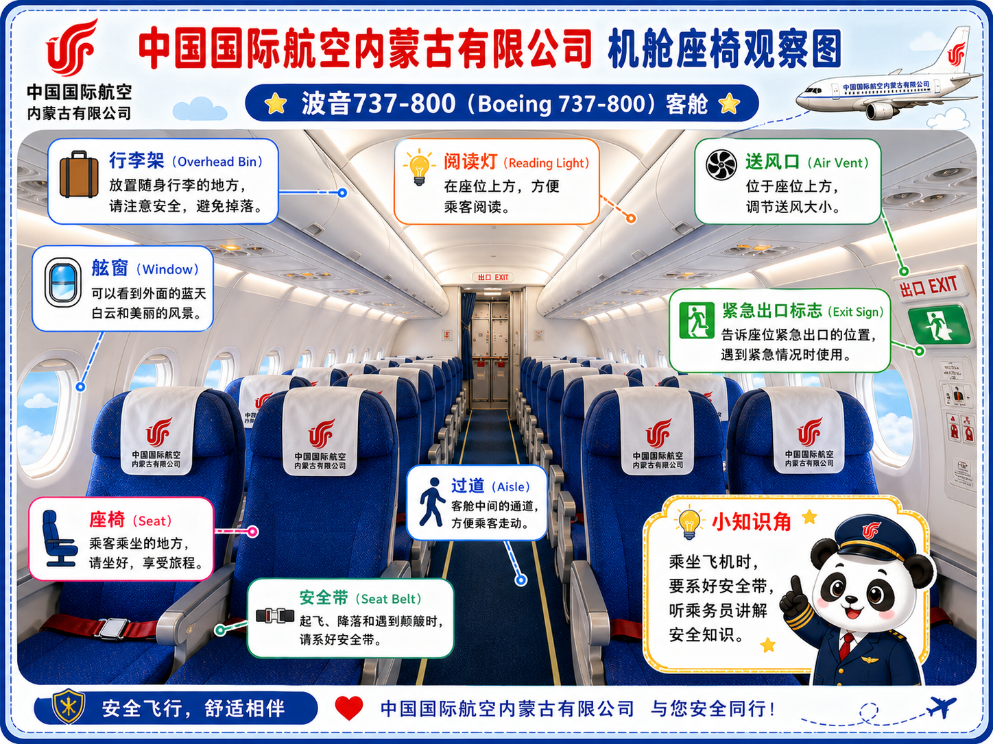 中国国际航空内蒙古有限公司 机舱座椅观察图